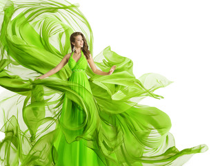 Fashion Woman Flying Dress, Model in Green Gown Waving Fabric, Flowing Chiffon Cloth Isolated over...
