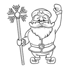 Funny cartoon Santa Claus with a magic stick in his hand. Black and white outline on a white background for coloring. Vector illustration.