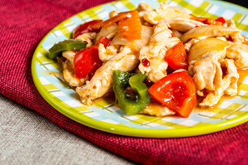 wok fried chicken stir fry with sweet peppers and chinese vegeta