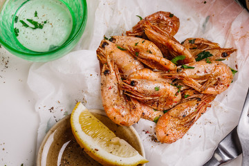 Fried shrimps. Snack to beer and wine. Serve cooked shrimp 