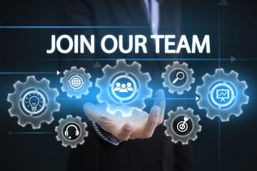 Businessman hand holding wording Join our team. sign on virtual screen. business hiring concept.