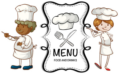 Two chefs and menu sign