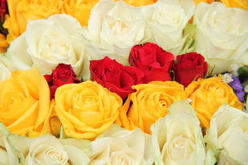 Yellow, white and red roses in a wedding arrangement