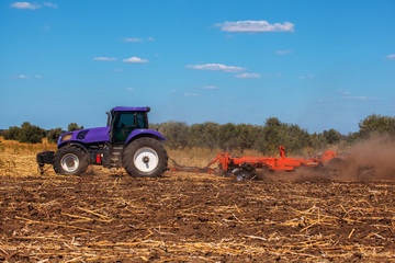 Obraz premium Big purple tractor plows the field and removes the remains of previously mown sunflower. Part of the cultivator steel round discs in a row close-up. Work agricultural machines. Harvest.
