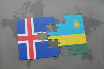 puzzle with the national flag of iceland and rwanda on a world map