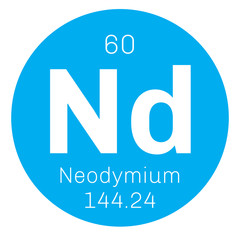 Neodymium, chemical element. Common earth element, soft metal. Colored icon with atomic number and atomic weight. Chemical element of periodic table. 