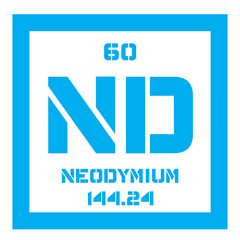 Fototapeta premium Neodymium, chemical element. Common earth element, soft metal. Colored icon with atomic number and atomic weight. Chemical element of periodic table. 