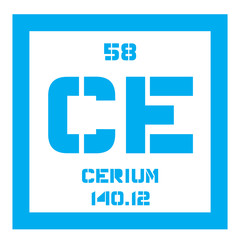 Cerium, chemical element. Most common of the lanthanides. Colored icon with atomic number and atomic weight. Chemical element of periodic table. 