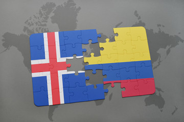 puzzle with the national flag of iceland and colombia on a world map