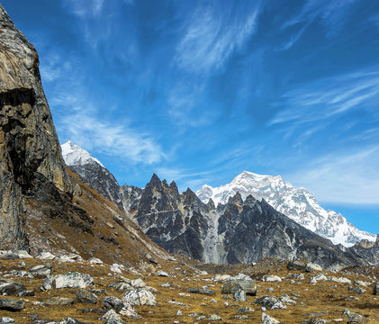 Mountscape on the background of the peak of Gyachung Kang (7012 m) - Gokyo region, Nepal