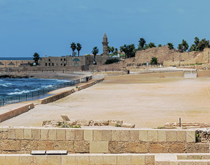View of the ruins of the ancient hippodrome in Caesarea, Israel