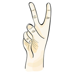 hand drawn victory hand symbol in color on a white background. vector illustration.