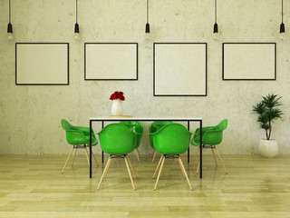 3D render of beautiful dining table with green chairs