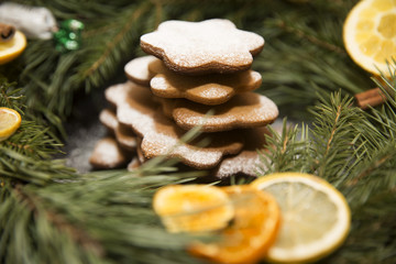 Hill ginger cookies dusted with powdered sugar on the background of the Christmas wreath