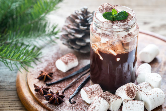 Glass jar of hot chocolate with marshmallows