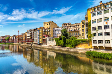 Colorful houses and Eiffel bridge in Girona