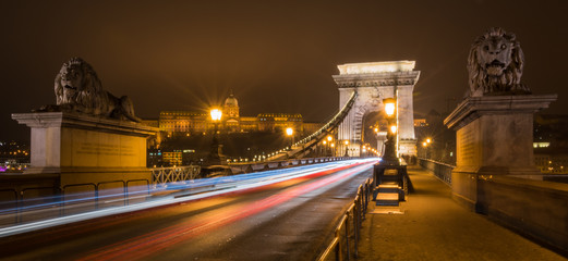 Night winter view of Chain Bridge in Budapest, Hungary