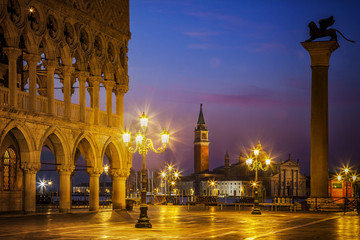 St. Mark's Square in Venice at Twilight.  Doges Palace is to the left.
