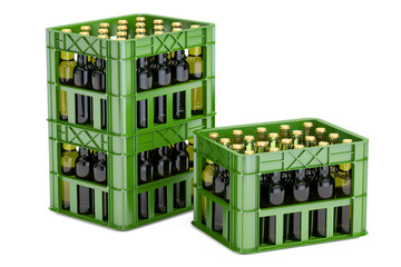 Green plastic crates with beer bottles, 3D rendering