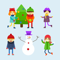Kids playing winter games vector illustration.