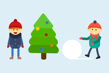 Kids playing winter games vector illustration.