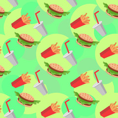 Fast food seamless pattern with cheeseburgers vegetables, french fries, soda