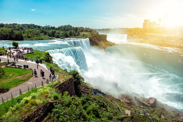 American side of Niagara falls, NY, USA. Tourists enjoying beautiful view to Niagara Falls during...