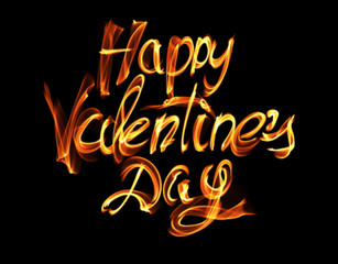 Happy Valentines day isolated words lettering written with fire flame or smoke on black background