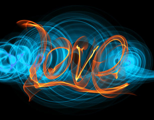 Love isolated word lettering written with fire flame or smoke on black background