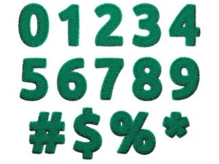 Light green fur numerals and symbols on white background. Isolated digital illustration. 3d rendering.