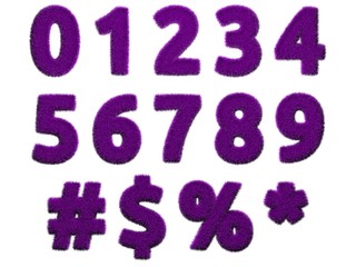 Purple fur numerals and symbols on white background. Isolated digital illustration. 3d rendering.
