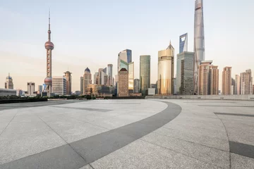 Fototapete Empty floor with modern skyline and buildings at dusk in Shanghai © ABCDstock