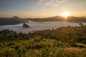 The scenery of Phu Lung ka forest park during the sunrise located in Phayao province of Thailand.