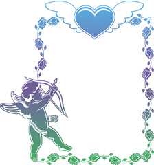 Fototapeta premium Cupid with bow hunting for hearts. Color gradient frame with Cupid, roses and hearts. Copy space. Raster clip art.