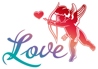 Artistic written single word "Love!" and Cupid hunting for hearts. 