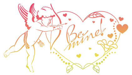 Cupid with bow hunting for hearts. Color gradient frame with Cupid, roses, hearts and artistic written text 
