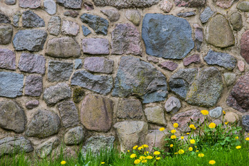 eine Natursteinmauer mit Wiese und Blüten