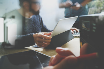 StartUp Programming Team. Website designer working digital table