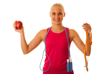 fit woman work out with speed rope  isolated over white