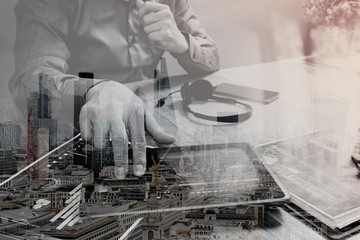 Businessman hand using VOIP headset with digital tablet computer