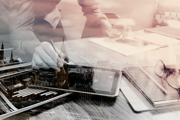 Double exposure of Website designer holding smart phone and work