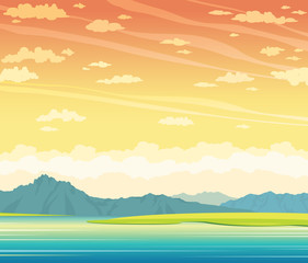 Fototapeta na wymiar Summer landscape - lake, mountains, sunset sky.