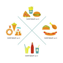 Flat fast food menu icons pizza french fries hamburger hot dog fried chicken ice cream cone desserts soda cake tacos cocktail candy. Junk food illustration Isolated in white background. Vector eps10
