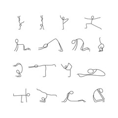 Cartoon icons set of sketch little people stick figures doing yoga