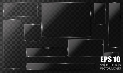Glass plates set. Vector glass banners on transparent background.