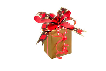 Golden gift box with golden red ribbon over white background with clipping path