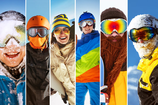 Photo collage ski snowboarder skier people