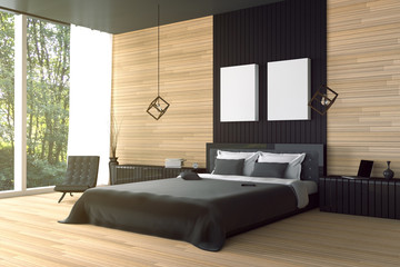 3D rendering : illustration of modern wooden house interior.bed room part of house.Spacious bedroom in wood style.black and white furniture,big bed and decorative.mock up white frame.tablet and laptop