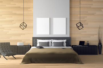 3D rendering : illustration of modern wooden house interior.bed room part of house.Spacious bedroom in wood style.black and white furniture,big bed and decorative.mock up white frame.tablet and laptop