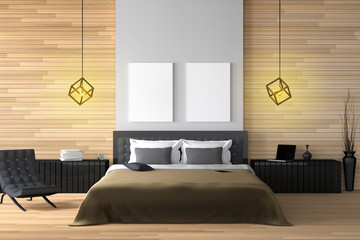 3D rendering : illustration of modern wooden house interior.bed room part of house.Spacious bedroom in wood style.black and white furniture,big bed and decorative.mock up white frame.tablet and laptop